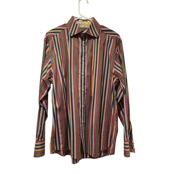 Robert Graham Mens Flip Cuff Shirt Green Red Blue Stripe DAISY Reverse Print | L - Picture 6 of 13